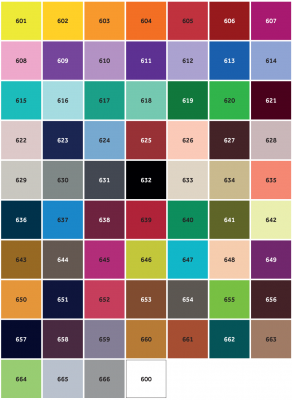 colour chart showing a grid of colours and codes